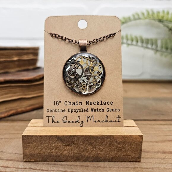 Steampunk Copper Pendant Necklace Made with Genuine Watch Parts & Gears on Chain - Picture 1 of 7